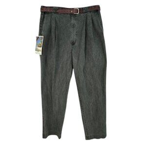 Women’s Green Pleated Slacks High Rise Tapered Leg Belted Size 36x30